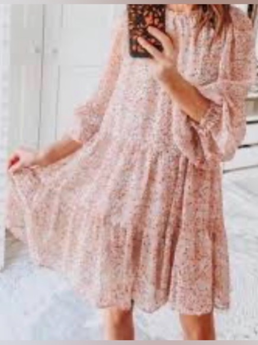 H&M Peachy-pink Floral Tiered Long Sleeve Dress, M. NWT